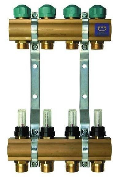 Распределитель с профилем 1" для панельного отопления с вентилями и расходомерами (серия 75A) 12 (326х600х80)